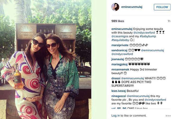 FOTO/ Modelja shqiptare Emina Çunmulaj shtatzëne me një shishe “Tequila” nën shoqërinë e  Cindy Crawford