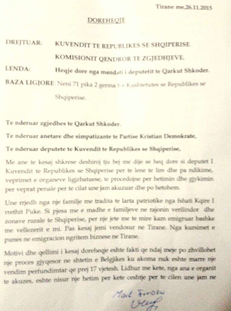 FAKSIMILE/ Letra e Mark Frrokut për Kuvendin