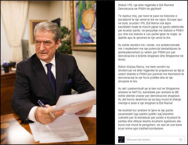 SALI BERISHA/ Statuti i PS, një letër higjienike e prapanicës së Edi Ramës