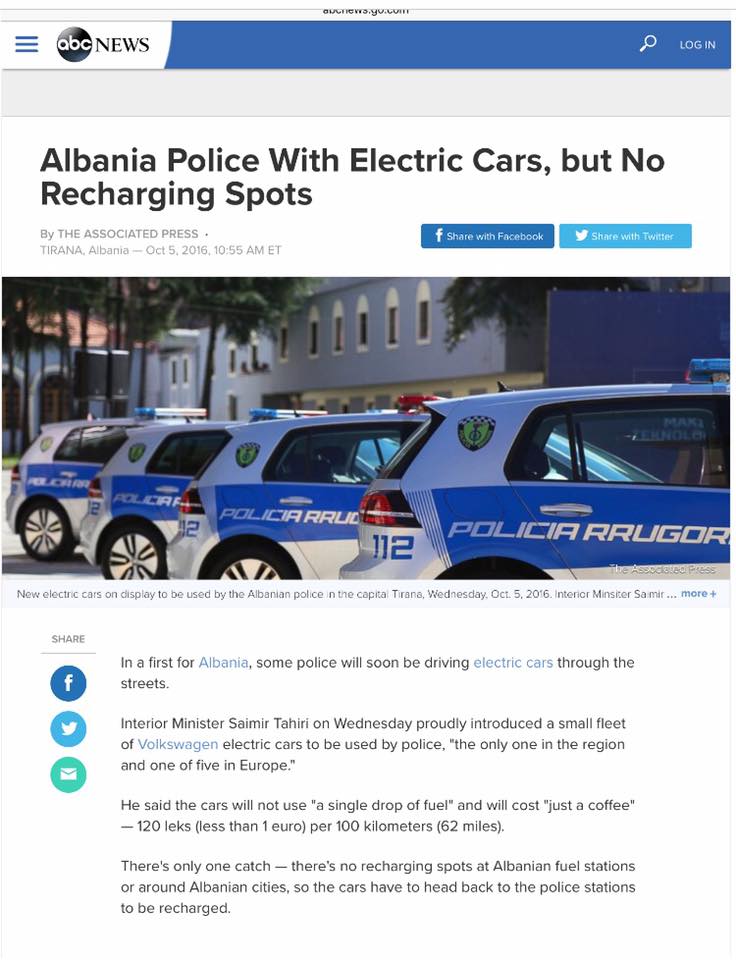 Mediat amerikane: Shqipëria me makina elektrike për policinë, vetëm se s’kanë ku karikohen