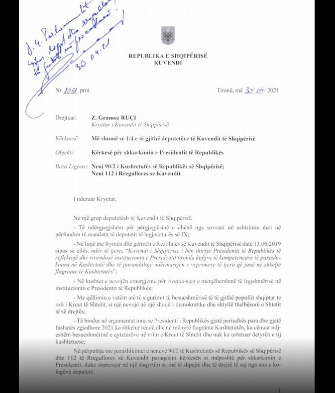 Del dokumenti qe nis shkarkimin e Presidentit Meta