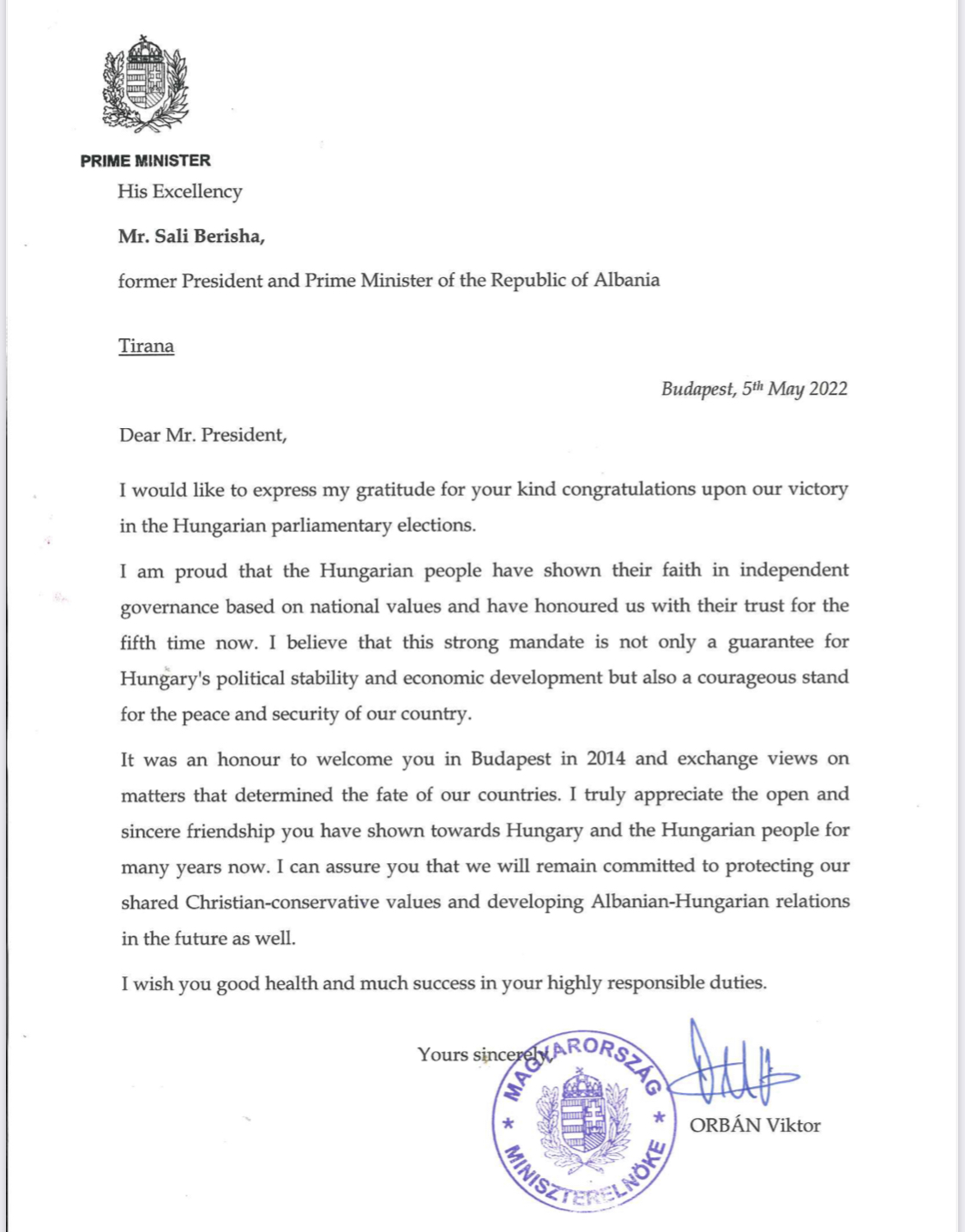 Viktor Orban uron Berishën: Suksese në detyrat tuaja të larta