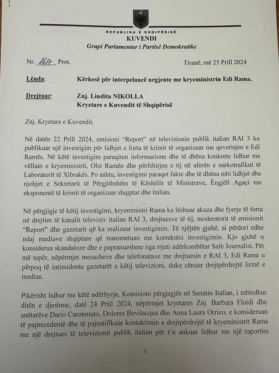 PD: Interpelancë urgjente me kryeministrin Edi Rama, lidhur me investigimin e Rai 3
