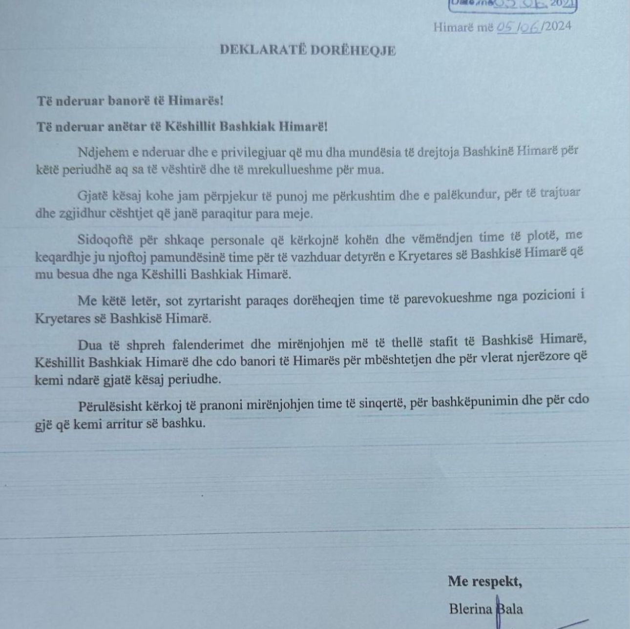 DOKUMENTI/ Jep dorëheqjen kryetarja e komanduar e bashkisë së Himarës