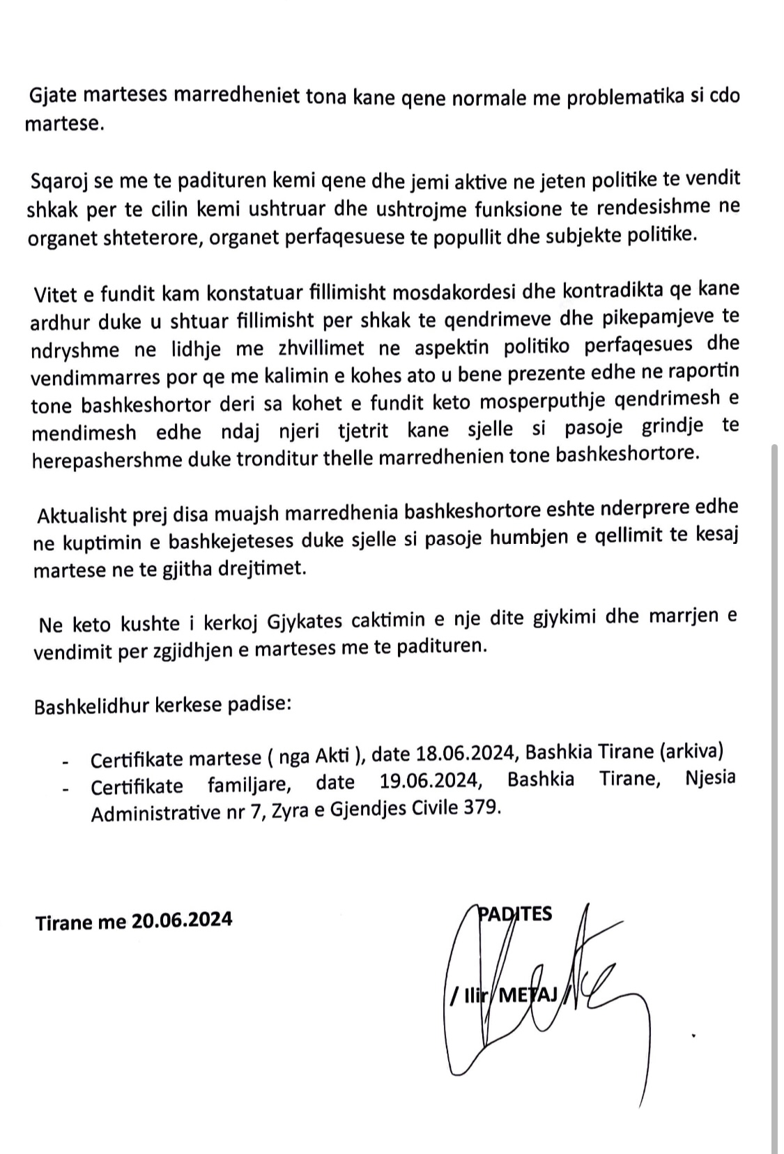 DOKUMENTI/ Zbardhet padia e Ilir Metës për divorcin me Monika Kryemadhin. Në padi koment si degradoi martesa