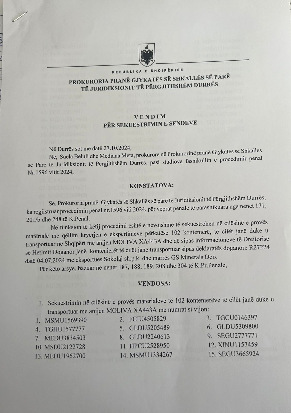 Prokuroria e Durrësit sekuestron 102  konteinerët me substanca të rrezikshme