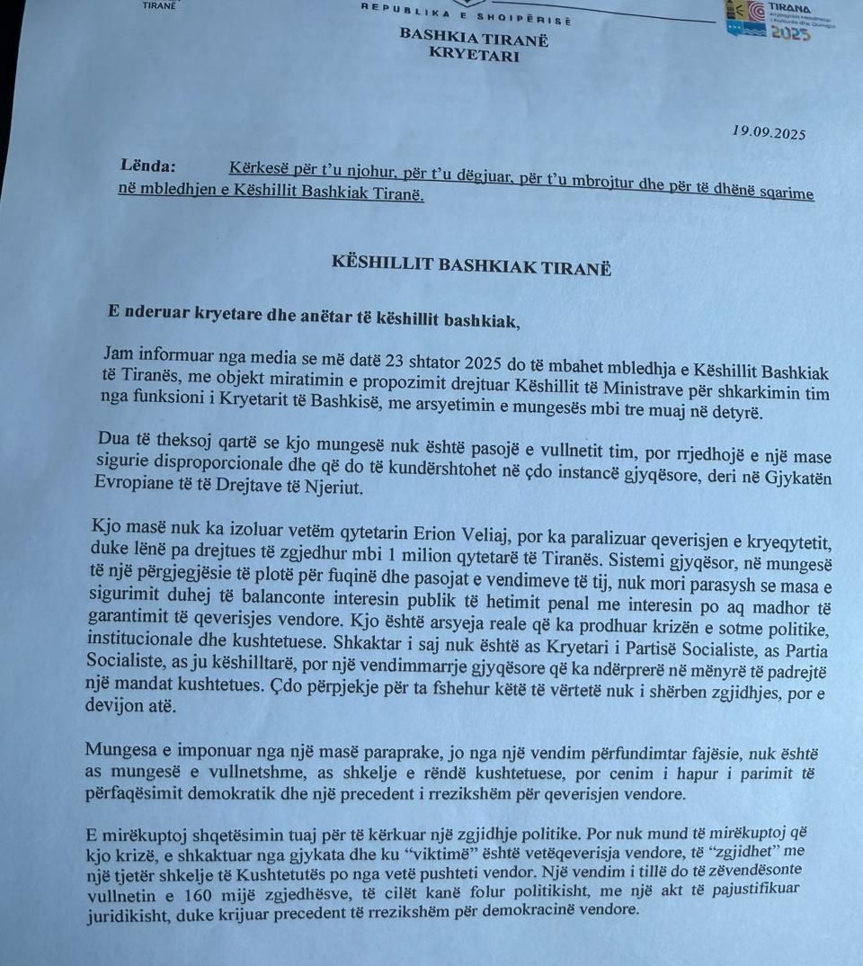 Kryetari në qeli nis sfidat ndaj kryetarit Rama. Mbledhja e shkarkimit të martën, Veliaj kërkon të dëgjohet në Këshillin Bashkiak