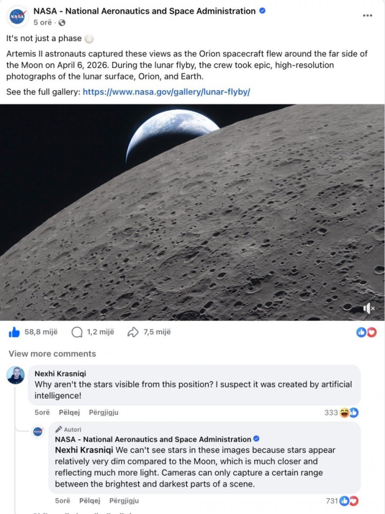 Debati i shqiptarit me NASA për fotot e Artemis: Pse nuk duken yjet!